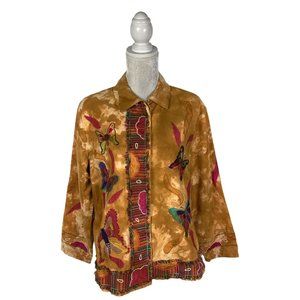 Alex Kin Art to Wear Shirt Jacket Hidden Buttons Tie Dye Embroidery Butterfly PL